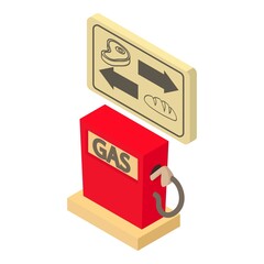 Gas station icon isometric vector. Red filling station and product signboard. Gas station, refueling service, fuel industry