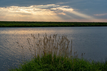 Sunset over the lake. There are small ripples on the water. Reeds in the foreground. The rays of the sun break through the clouds.