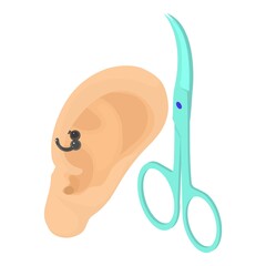 Ear piercing icon isometric vector. Human ear with piercing, surgical instrument. Surgery, body modification, youth culture