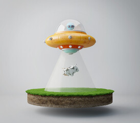 UFO flying with alien and  abduct a cow.3d rendering © manow