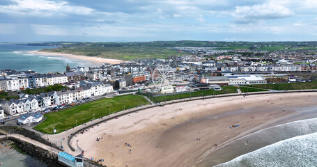 Fototapeta na wymiar Aerial photo of Portrush Beach Atlantic Ocean North Coast County Antrim Northern Ireland by drone