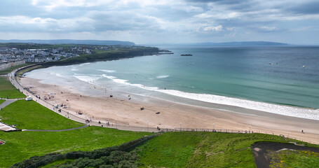 Aerial photo of Portrush Beach Atlantic Ocean North Coast County Antrim Northern Ireland by drone