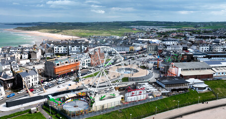 Aerial view of Portrush Beach Atlantic Ocean North Coast County Antrim Northern Ireland by Drone