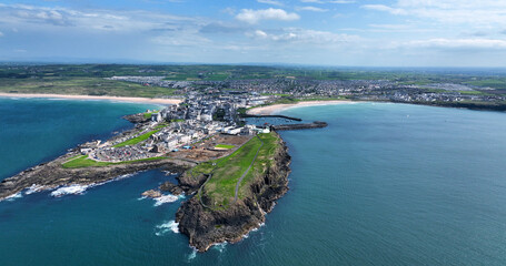 Aerial view of Portrush Beach Atlantic Ocean North Coast County Antrim Northern Ireland by Drone