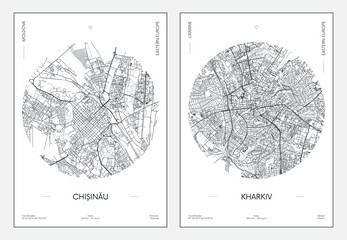 Travel poster, urban street plan city map Chisinau and Kharkiv, vector illustration