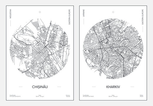Travel poster, urban street plan city map Chisinau and Kharkiv, vector illustration