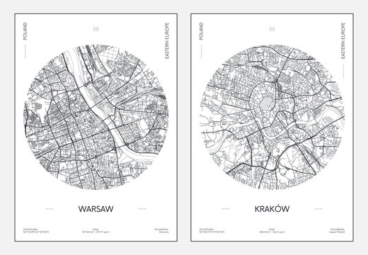Travel poster, urban street plan city map Warsaw and Krakow, vector illustration