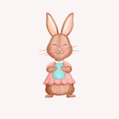 Illustration of a cute cute bunny in a pink dress and apron.