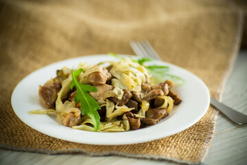 Homemade boiled noodles with meat and eggplant in a plate