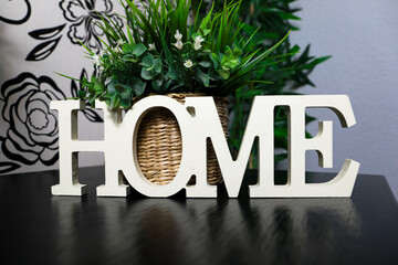 Interior decoration of a house, with the word HOME in white on a piece of furniture or tile and with plants on the back.