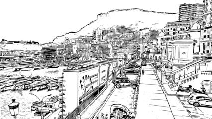 Building view with landmark of Monaco is the country in Europe. Hand drawn sketch illustration in vector. 