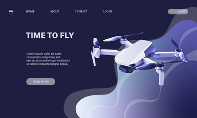Landing page template of drone. Modern flat design concept of web page design for website and mobile website. Vector illustration quadcopter. Screen template for  smartphone, banner, flyer
