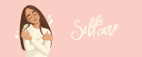 Woman portrait illustration. Self care print. Girl hugs herself. Сareful attitude