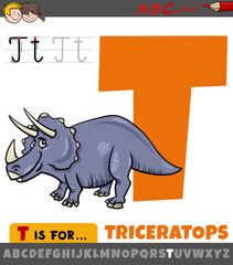 letter T from alphabet with cartoon triceratops prehistoric animal
