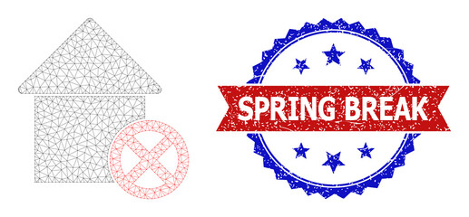 Net mesh wrong house polygonal wireframe icon, and bicolor dirty Spring Break seal stamp. Red stamp seal contains Spring Break title inside ribbon and blue rosette.