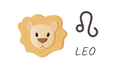 Leo horoscope zodiac sign with symbol and inscription.Lion head cartoon style