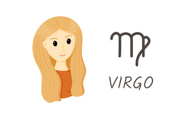 Virgo horoscope zodiac sign with symbol and inscription.Girl head cartoon style