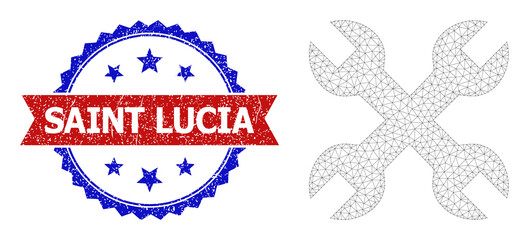 Mesh net wrenches polygonal carcass icon, and bicolor grunge Saint Lucia seal. Red badge contains Saint Lucia title inside ribbon and blue rosette. Vector frame polygonal mesh wrenches icon.