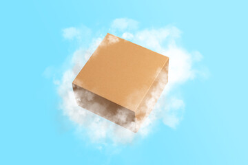 Brown Carton Cardboard box flying with clouds on Blue background