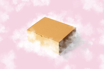 Brown Carton Cardboard box flying with clouds on Pink background