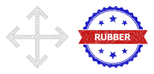 Net expand arrows polygonal carcass icon, and bicolor rubber seal stamp. Red stamp seal contains Rubber caption inside ribbon and blue rosette. Vector carcass polygonal mesh expand arrows icon.