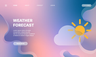 Landing page template of weather forecast concept. Vector illustration for websites, mobile applications, posters and banners. Transparent glassmorphism icon gradient and abstract background - obrazy, fototapety, plakaty