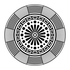 Abstract circular ornament. Isolated ethnic symbol. Symbol. Rosette of geometric elements. Tribal ethnic motif. Stencil tattoo and prints. Round vector pattern. Decorative design element.