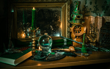 Illustration of magical stuff....candle light, Chrystal ball, magic wand, book of spells dark background, Slytherin school, green aesthetic, Halloween time