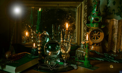 Illustration of magical stuff....candle light, Chrystal ball, magic wand, book of spells dark background, Slytherin school, green aesthetic, Halloween time