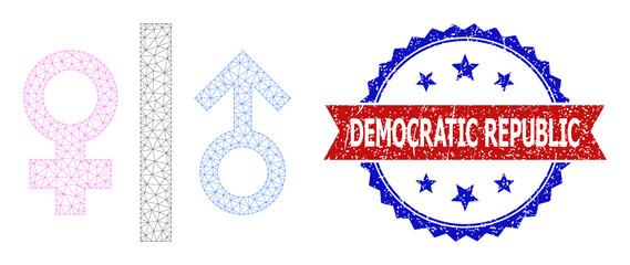 Naklejka premium Mesh net toilet gender sign polygonal wireframe icon, and bicolor grunge Democratic Republic seal. Red stamp seal includes Democratic Republic title inside ribbon and blue rosette.