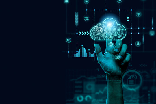 hand touching virtual cloud computing to transfer data information and upload download application. technology transformation concept.