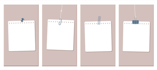 Social Media Stories Layout Set. The white pages of the notebook are hanging by thread, taped, pinned to the wall. Vector illustration, flat style on a grey background.