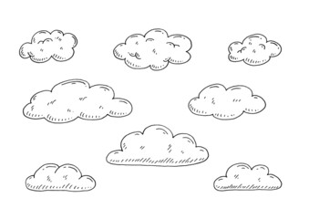 Set form of clouds. Vector color and black hand drawn vintage engraving