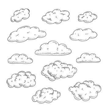 Set form of clouds. Vector color and black hand drawn vintage engraving