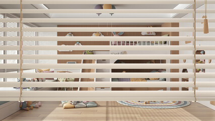 White venetian blinds close up view, over colored children bedroom with bunk bed and toys, interior design, privacy concept