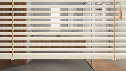 White venetian blinds close up view, over modern wooden bathroom with shower and washbasin,...
