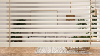 White venetian blinds close up view, over scandinavian living room with sofa, carpet, table and potted plants, interior design, privacy concept