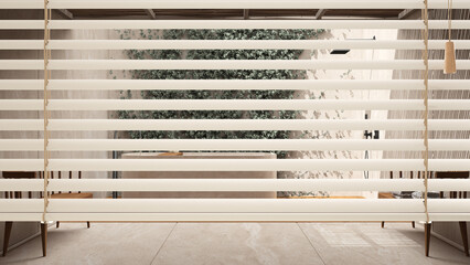 White venetian blinds close up view, over modern bathroom with freestanding bathtub, wall with ivy...