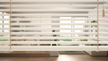 White venetian blinds close up view, over modern wooden kitchen, living and dining room, interior...