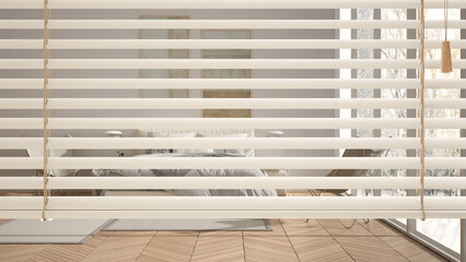 White venetian blinds close up view, over modern scandinavian bedroom with double bed and armchair, interior design, privacy concept