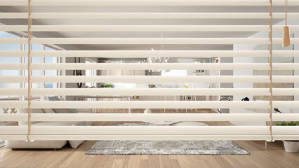 White venetian blinds close up view, over modern kitchen, living and dining room with sofa and...