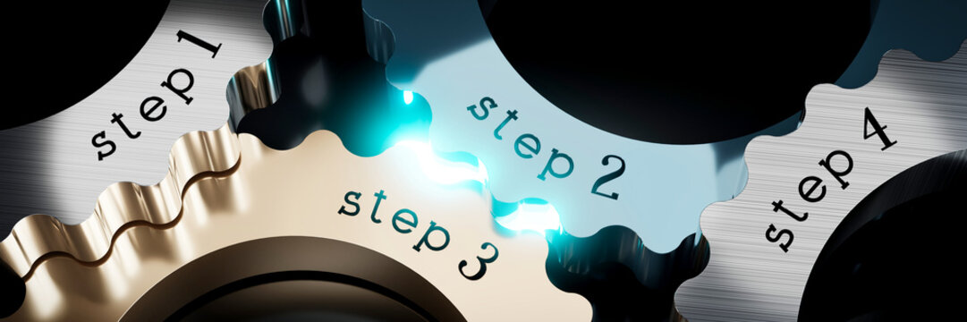 Steps 1, 2, 3, 4 - gears concept - 3D illustration