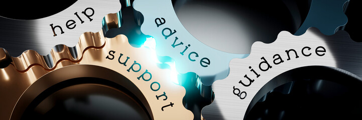 Help, support, advice, guidance - gears concept - 3D illustration