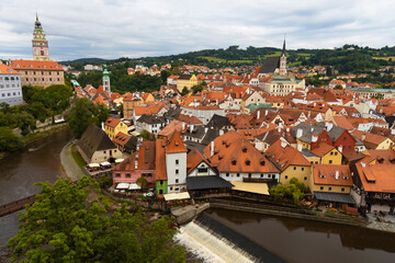 The view of St. Vitus church, the town of Cesky Krumlov and Vltava river from the castle. Česk&yacute; Krumlov, South Bohemia, Czech Republic.