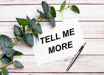 On a light wooden table, there is a eucalyptus branch, a fountain pen and a sheet of paper with the text TELL ME MORE