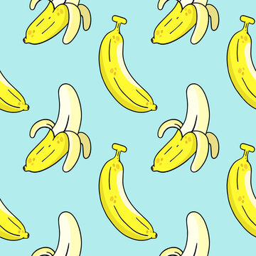 Banana, vector seamless pattern in the style of doodles, hand drawn