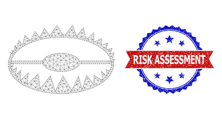 Mesh net trap polygonal frame icon, and bicolor unclean Risk Assessment seal. Red stamp seal has Risk Assessment caption inside ribbon and blue rosette. Vector frame polygonal mesh trap icon.
