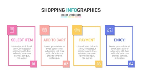 Concept of shopping process with 4 successive steps. Four colorful graphic elements. Timeline design for brochure, presentation, web site. Infographic design layout.