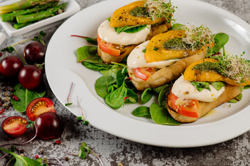 Croutons snacks with tomatoes, melted cheese and herbs on concrete background