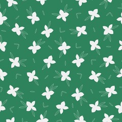 Simple vintage pattern. white flowers and leaves. green background. Fashionable print for textiles, wallpaper and packaging.